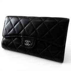 CHANEL マトラッセ ラムスキン 長財布 三つ折り ブラック レディース