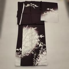 訪問着 袷 濃茶系あずき色　花文様 刺繍 着物のみのサムネイル