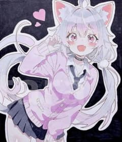 手描きイラスト オリジナル アナログ 色紙 原画 ツインテール 猫