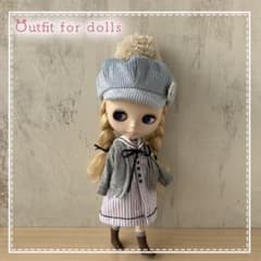 ストライプ柄ワンピース　カーデ　帽子　ブライスアウトフィット　ハンドメイド服のサムネイル