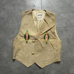 90sヴィンテージピッグレザーベスト チマヨ柄ネイティブ刺繍オルテガ