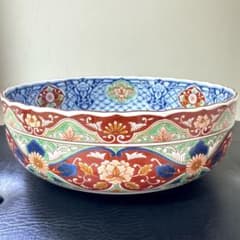 美品未使用品】美濃焼 庫山窯 染錦花鳥 大鉢 25センチ 輪花鉢 古伊万里