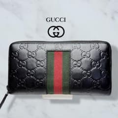 グッチ 長財布 ラウンドファスナー シェリーライン シマ GG柄 美品 GUCCI 長財布 シマ シェリーライン ラウンドファスナー 黒 021
