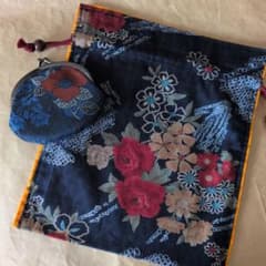 和柄 がま口ポーチ 巾着 セット 花柄 ネイビー