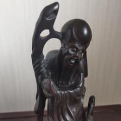 縁起物】桃仙人 鶴 木製 一刀彫 木製彫刻 桃を持つ人物像 約25cm