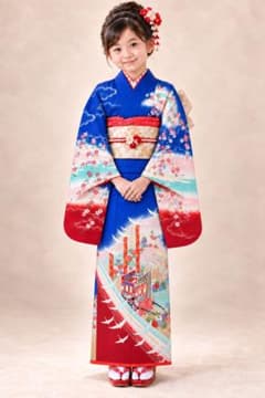 七五三 着物 7歳用 晴れ着 青地 鶴 御所車のサムネイル