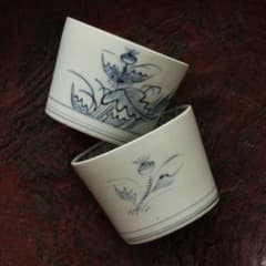 古伊万里 伊万里 江戸 後期 猪口 蕎麦猪口 薊 2客 染付 金継ぎ 材料