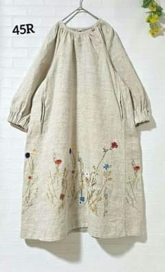 【45R　フォーティーファイブアール】　綿麻ツィード刺繍のプカパフドレス 45R フォーティーファイブアール】 綿麻ツィード刺繍のプカパフドレス