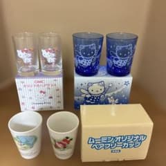 비매품 챠미 키티 & 헬로 키티 페어 글라스, 무민 컵 3점 세트