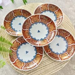 献上古伊万里 取り皿 5枚 赤 金彩 曼荼羅 丸 中皿 深皿 なます皿