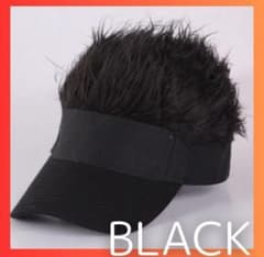 【ブラック】サンバイザー ベースボールキャップ　パイクヘアウィッグ付き 男女兼用