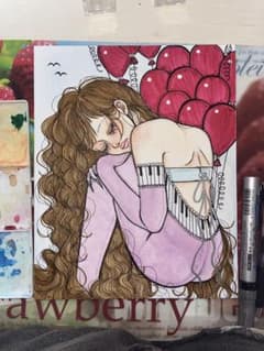手描きイラスト ピアノと少女 アート作品のサムネイル