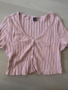 SHEIN リブ素材 フロントボタン 半袖カットソー ピンクのサムネイル
