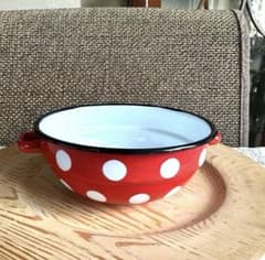 French antique enamel casserole dish with polka dot pattern.