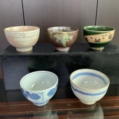 高台煎茶碗揃 五彩5客セット 収納木箱付き 湯呑み 茶器 未使用品 土物