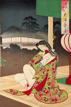 浮世絵、曾我十郎大磯通之圖三枚綴りの右側1枚売りです。橋本周延画、明治23年出版 浮世絵、曾我十郎大磯通之圖三枚綴りの右側1枚売りです。橋本周延画