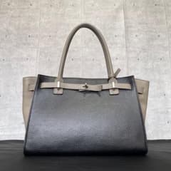 美品】傳濱野 ミーティア ブラック×グレージュ レザー 肩掛け トート