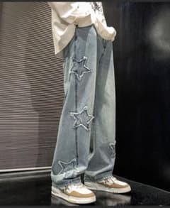 【新品タグ付き】B.R.U 星柄 パッチワーク ワイド デニムパンツ スター