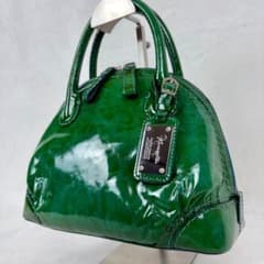 美品✨】銀座かねまつ エナメルハンドバッグ パテント グリーン 