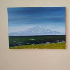 北海道利尻岳遠景 風景画 張りキャンバス自作自筆油絵、サイズF-4