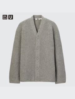【UNIQLO U】ウール100% リブ カーディガン グレー Lのサムネイル