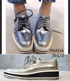 プラダ⭐︎シルバー 厚底 ウィングチップ レースアップ レザーシューズ