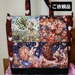 ハンドメイド、アリス風うさぎパネル生地、ビッグサイズトートバッグ