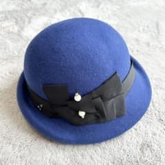 [미품]LANVIN en Bleu 진주 리본 울 펠트 모자 블루