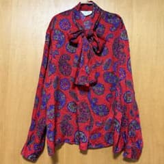 高級 シルク100% DONCASTER ボウタイブラウス 総柄 赤ヴィンテージ 