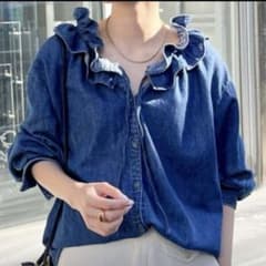新品】 Rie Miller リエミラー フリル ギャザー デニム ブラウス
