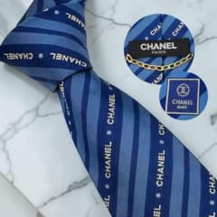CHANEL シャネル ネクタイ ロゴ ココマーク ストライプ 青 ゴールド