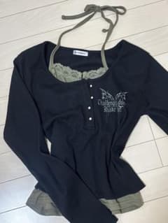 VEHEMENT レイヤード風 長袖カットソー カーキ×ブラックのサムネイル