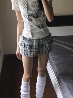 水色 チェック柄 ティアードフリル ショートパンツ Y2K ガーリーのサムネイル