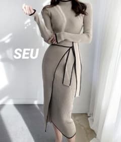 【美品】SEU バイカラー ニットワンピース 長袖 リボンのサムネイル