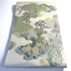 6k698 丸帯 絹 夏帯 夏物 絽 グレー ベージュ 金色 銀色 緑 紫 花柄 