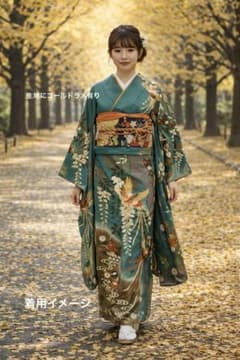 【値下】人気の深緑　新品三重紐付き　振袖　ラメ入　グリーン　鳳凰　藤枝　5点 値下】人気の深緑 新品三重紐付き 振袖 ラメ入 グリーン 鳳凰 藤枝 5点