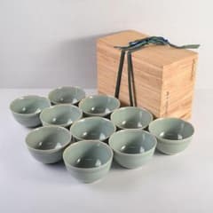 茶道具　韓国　石山窯　梁金錫作　高麗青磁　数茶碗　十客　共箱　M　R8794H 茶道具 韓国 石山窯 梁金錫作 高麗青磁 数茶碗 十客 共箱 M R8794H