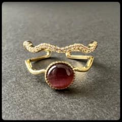 波状デザイン ゴールドトーンリング　ブラウン　シンプル　オープンリング