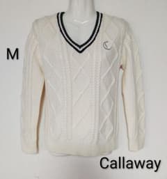 美品 キャロウェイ Vネックケーブル編みセーター M ラメ入り ウール混