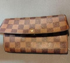 ルイビトン正規品保証ブラウンチェック柄レザー長財布 - メルカリ
