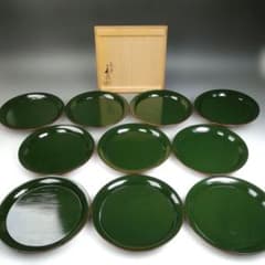 Ｗ９２０　銘々盆　十枚『青流刷毛目』『鈴木表朔 造』　共箱　菓子器　茶道具 W920 銘々盆 十枚『青流刷毛目』『鈴木表朔 造』 共箱 菓子器