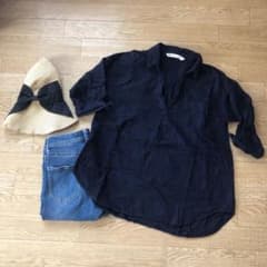 Aライン シャツ ブラウス 七分袖 ネイビー 紺のサムネイル