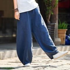 サルエルパンツ Ｌ　藍色　綿麻 ワイドパンツ　古民族風　ネイビー　インディゴのサムネイル