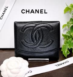 ❤CHANEL✨三つ折り財布♥キャビアスキン✨ブラック❤人気シリーズ✨美 