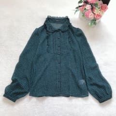 콤 사이즈 긴 소매 시어 셔츠 프릴 치조 격자 무늬 심플 탑스 총 무늬 녹색