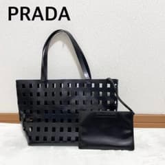 美品】 プラダ バンドトートバッグ ブラック レザー スエード 小物入れ 