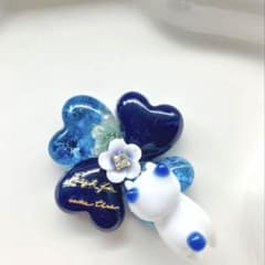 夏限定】レジン ヘアゴム 花モチーフと猫ちゃん ネイビーブルー◡̈