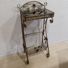 アンティーク調 アイアン サイドテーブル ガラスミラー天板 マガジン