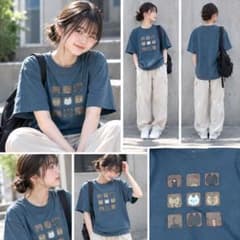 猫プリント Tシャツ ブルー半袖 レディース カジュアルのサムネイル