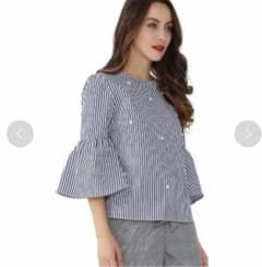 ZARA ストライプブラウス　パール付き　フレアスリーブのサムネイル